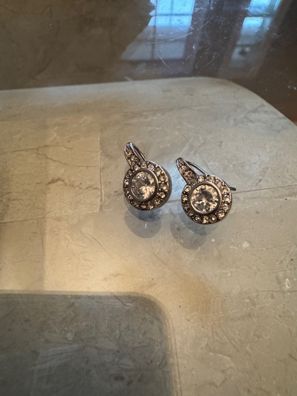 CZ Halo Drop Earrings - Silver Tone